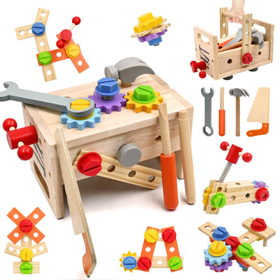 Wooden toy toolbox, 29 piece tool toy games toddler toolbox, educational role play learning resources construction handle