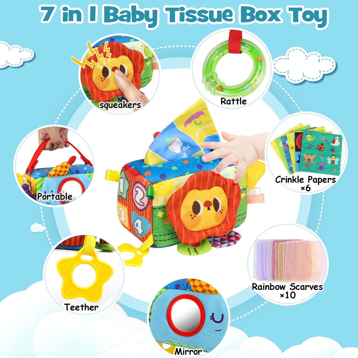 Tissue Box Toy, 7-in-1 with 16 Colored Tissue, High Contrast Learning Toy