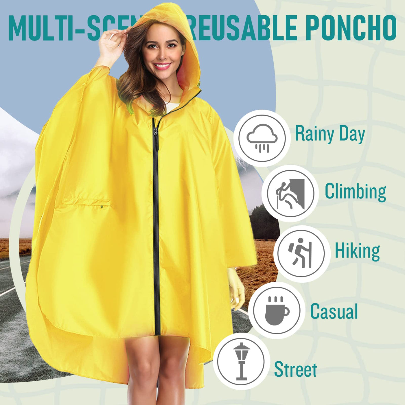 Rain cape with hood zipper, reusable raincoat, rain poncho bike hiking