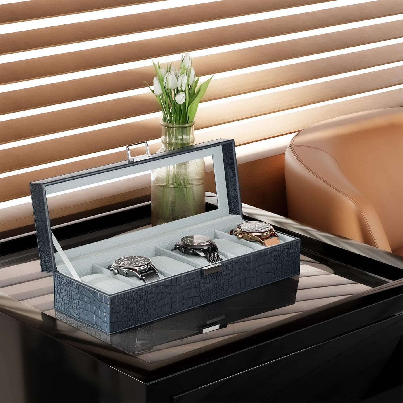 Boîte à montres avec 6 compartiments, boîte à montres avec couvercle en verre, boîte à montres avec coussin pour montres, rangement pour montres