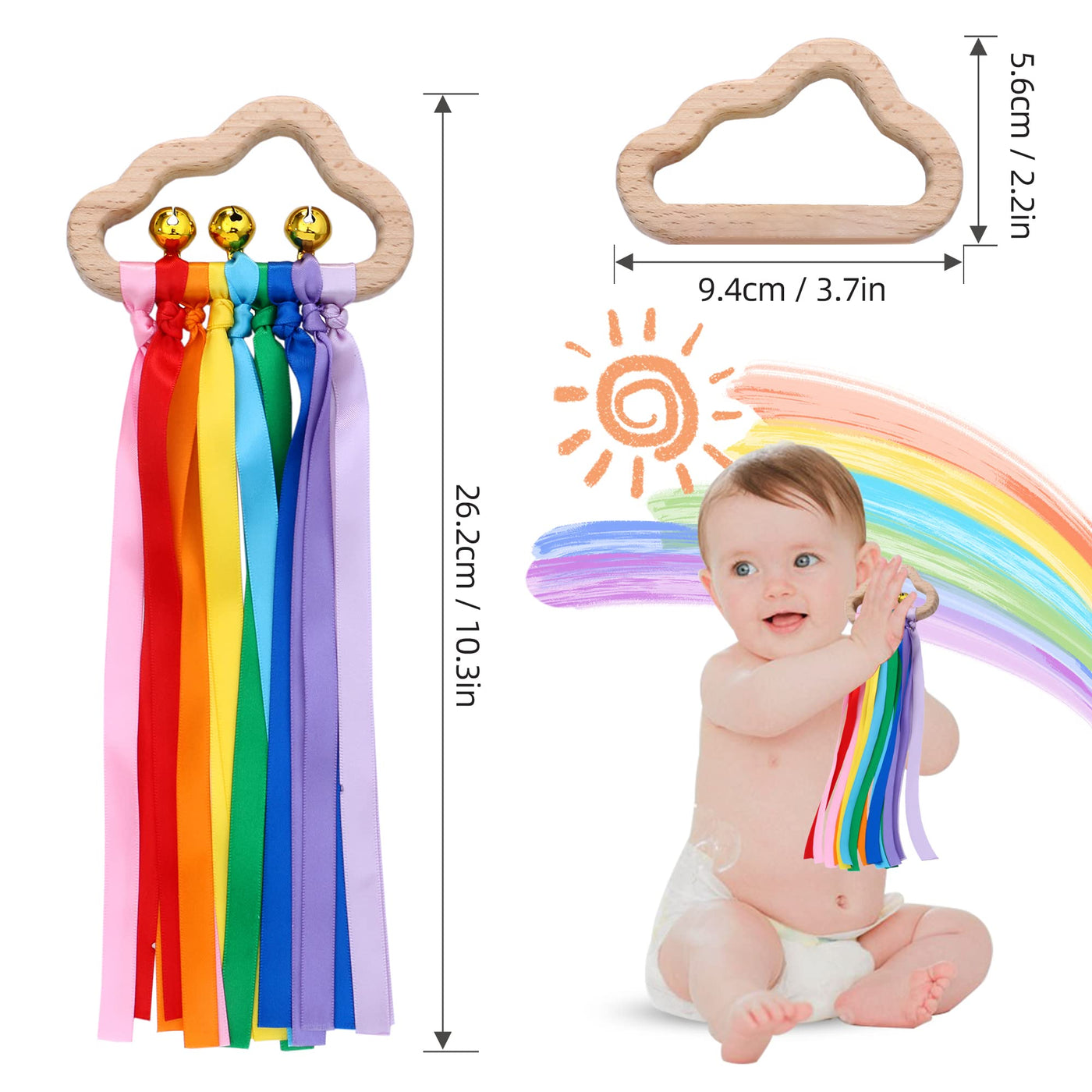 Rainbow wooden rattle band 2 pieces, rainbow wooden band ring toy, circle for babies