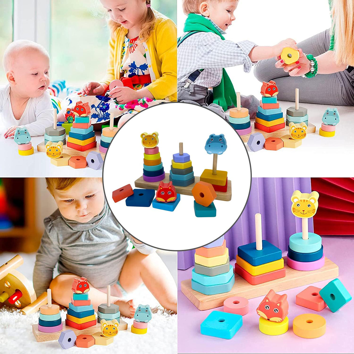 Three-column tower Wooden shape Sorting toy Educational sensory matching building blocks