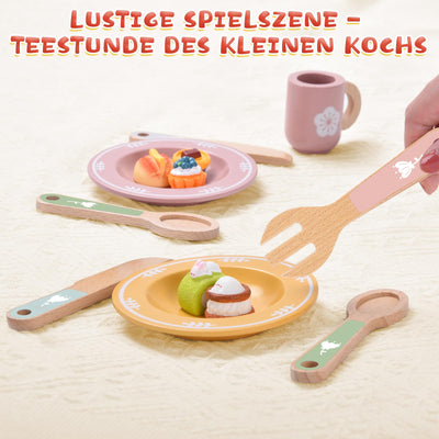 Service à Thé Accessoires De Cuisine Pour Enfants En Bois, 30 Pièces Service à Thé Accessoires de Cuisine pour Enfants en Bois avec Petits Gâteaux et Pâtisseries, Service à Thé