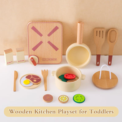 Topfset und Geschirr für die Spielküche, Kinderküchenzubehör aus Holz