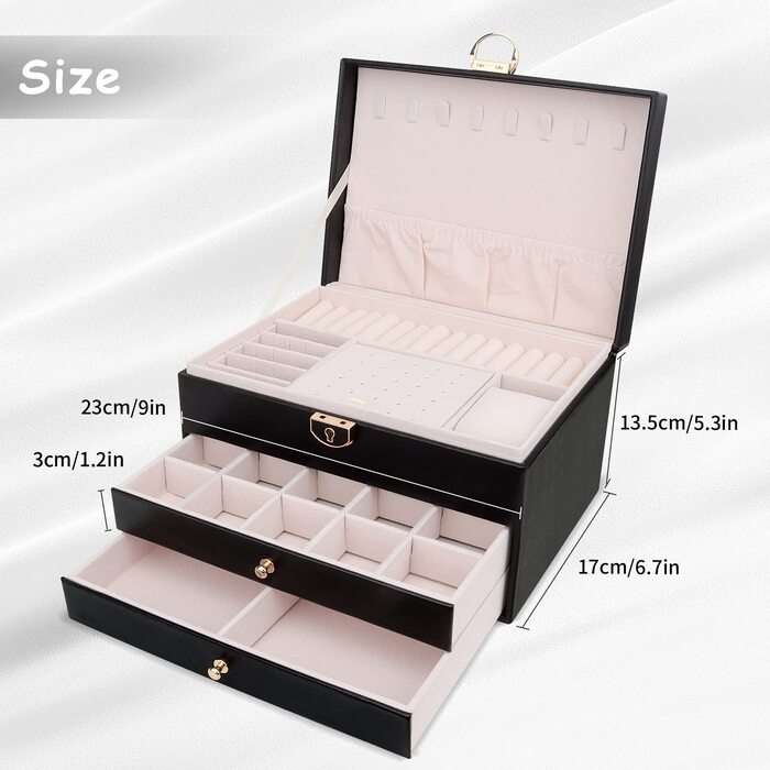 Jewelry box, jewelry box with 3 levels with drawers, large jewelry organizer for rings earrings, bracelets, necklaces