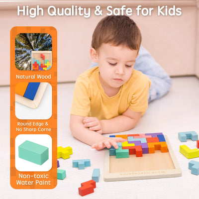 3D puzzle Tetris game kids, wooden puzzle with 30 pieces intelligence colorful building blocks