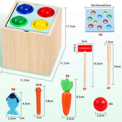 5 in 1 wooden puzzle sorting game educational toy for children Includes carrot harvesting, sorting and stacking toy, fishing game, ball drop, worm toy catching