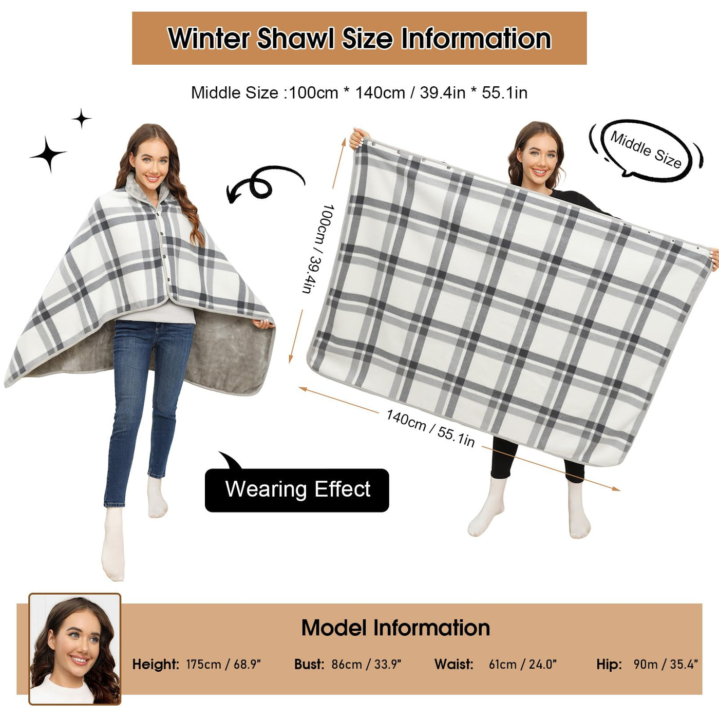 Echarpe d'hiver avec bouton Echarpe couverture douce Poncho polaire surdimensionné Cape Pullover