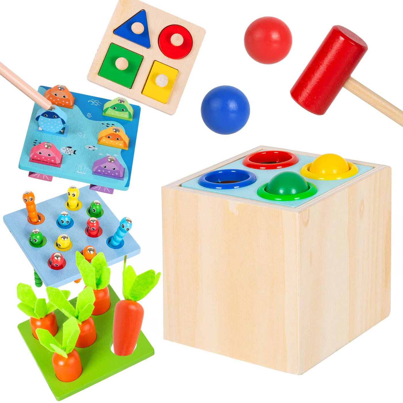 5 In 1 wooden toy baby sorting & stacking toy motor skills toy fishing game hammer game