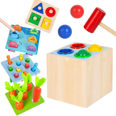 5 In 1 wooden toy baby sorting & stacking toy motor skills toy fishing game hammer game