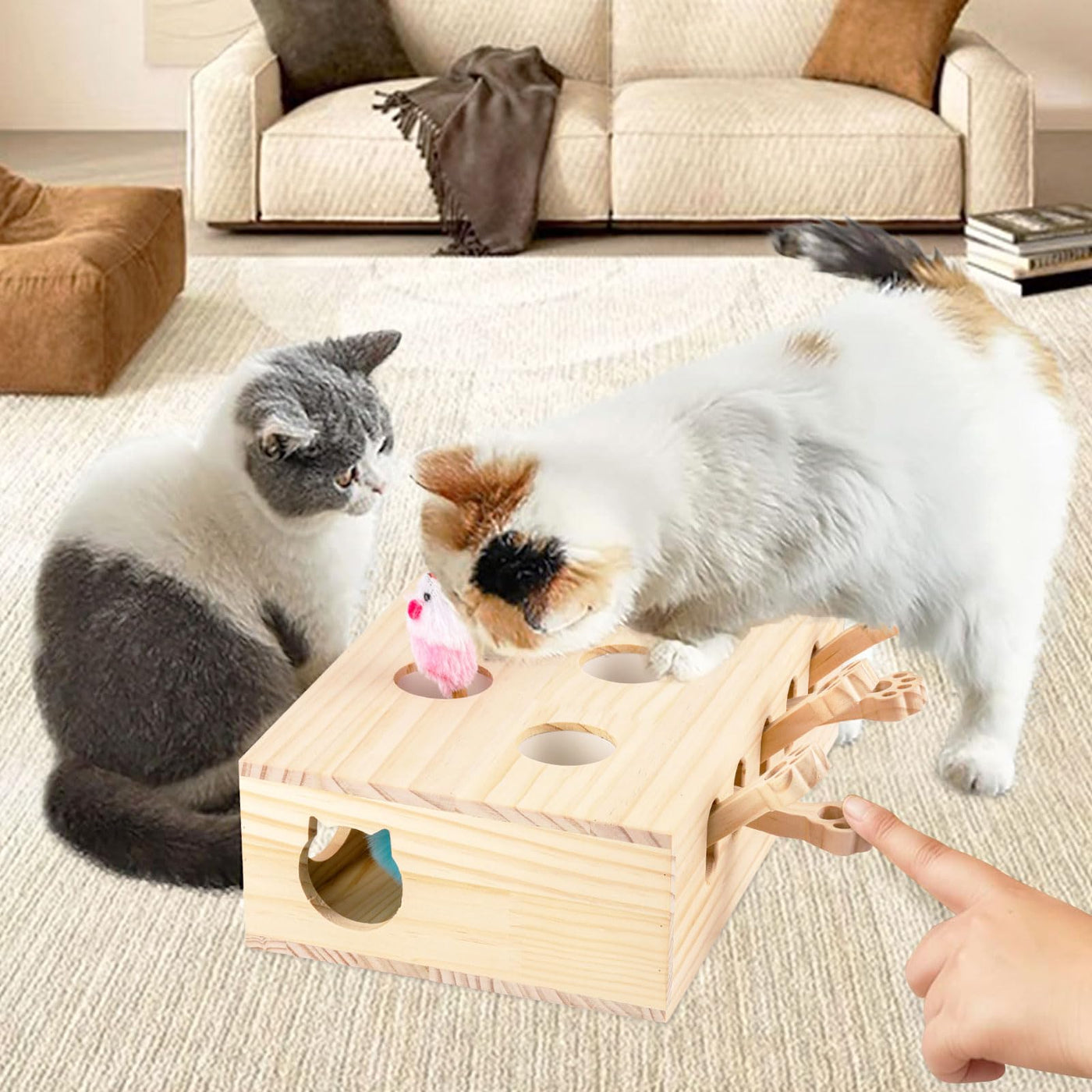 Jouet Interactif pour Chat, Jouet en Bois, Souris Taupe, Boîte de Puzzle avec Jouets pour Chats, Chasse, Jeu, Exercice, Grattage, 5 trous, Parfait pour l'exercice en intérieur et le plaisir