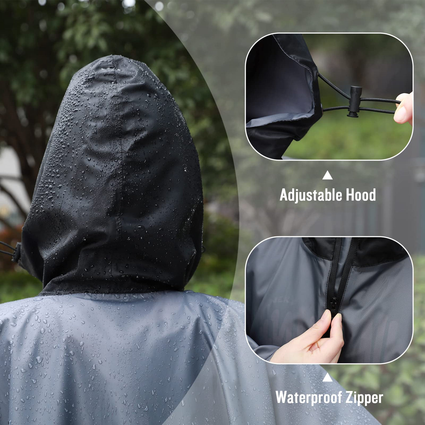 Rain cape with hood zipper, reusable raincoat, rain poncho bike hiking