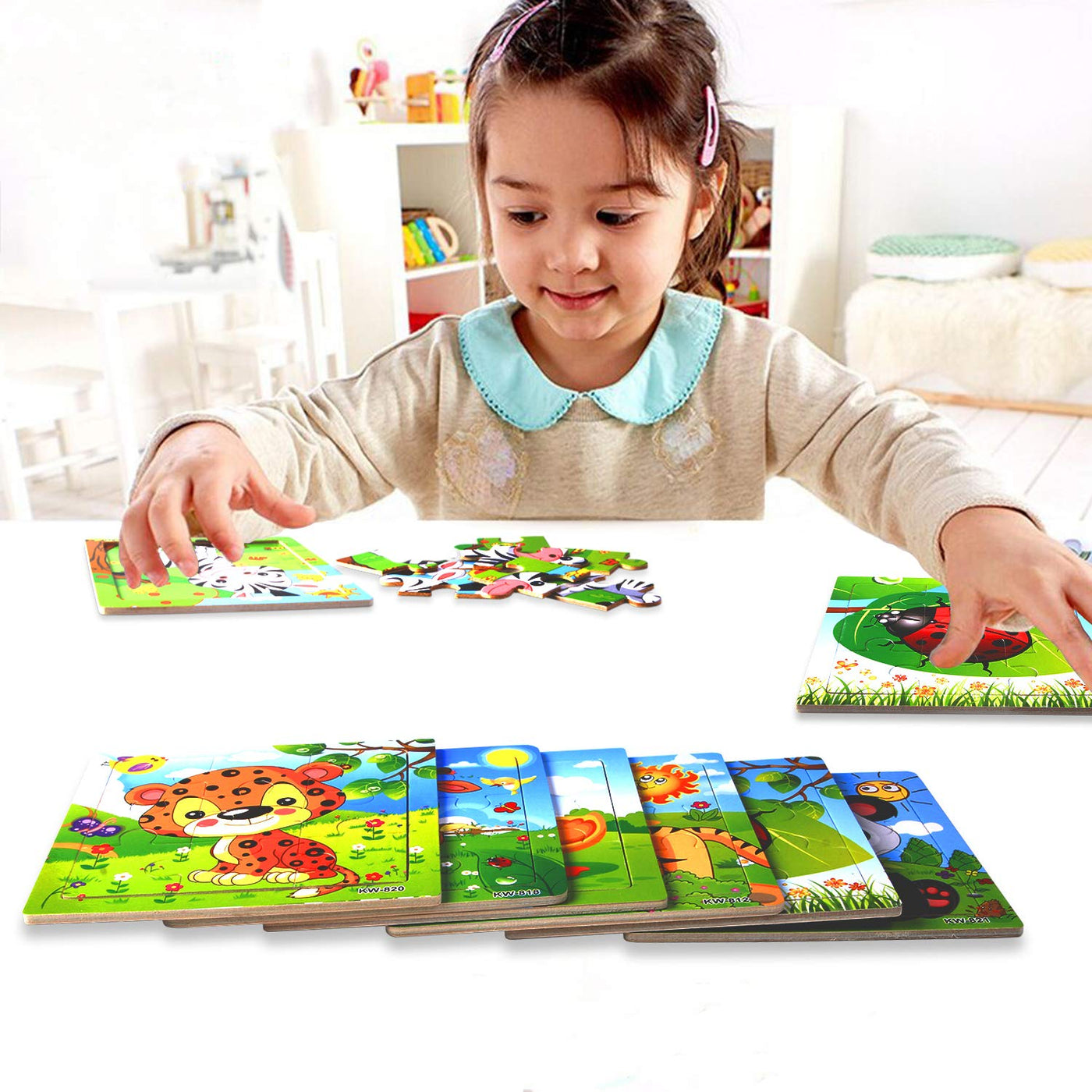 Wooden animal puzzles and organizer bag for each puzzle for children