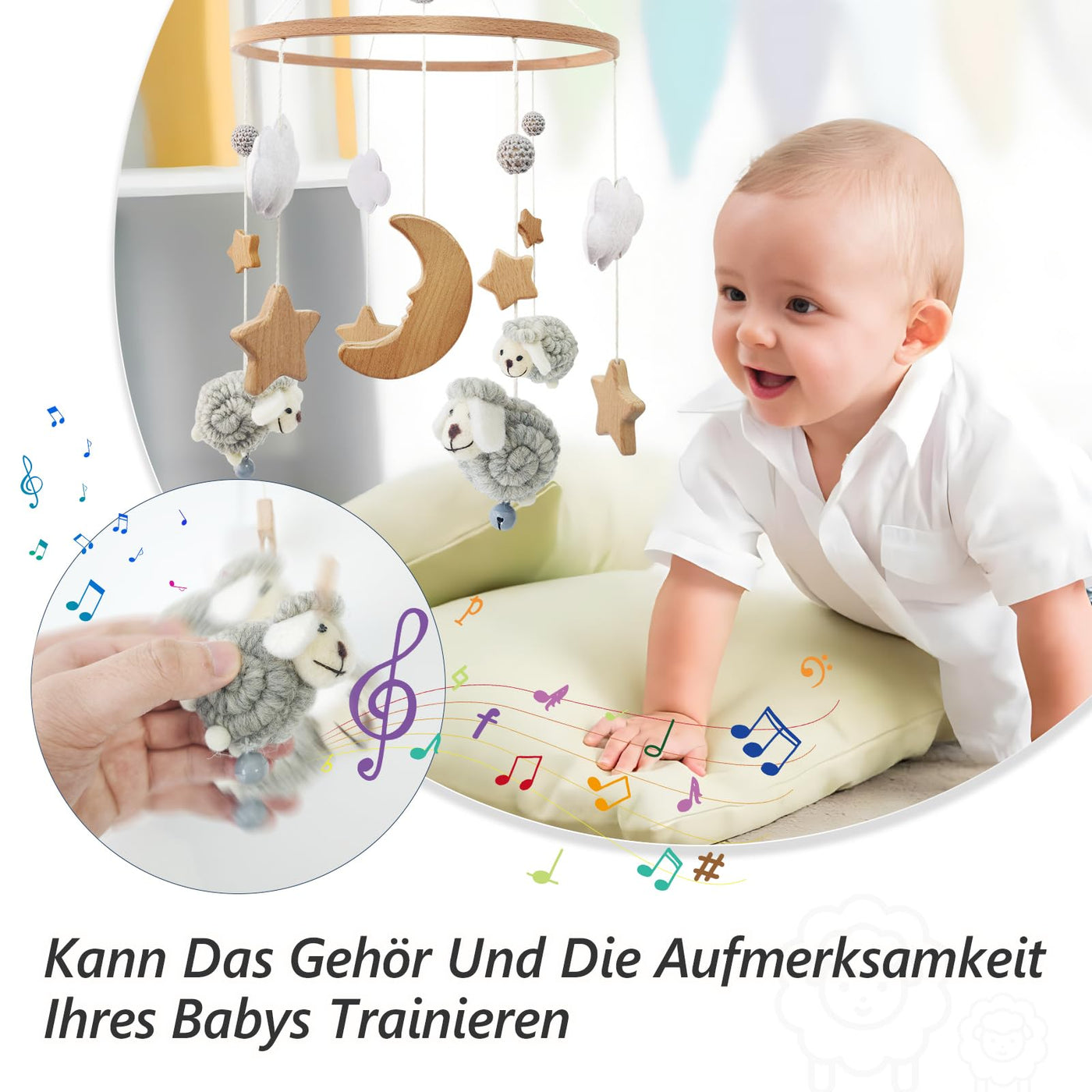 Mobile Babybettchen Glocke Windspiel Baby mit Wolken Sterne