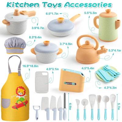 Children's kitchen accessories and pot set for role play, play kitchen accessories with cooking uniform fruit