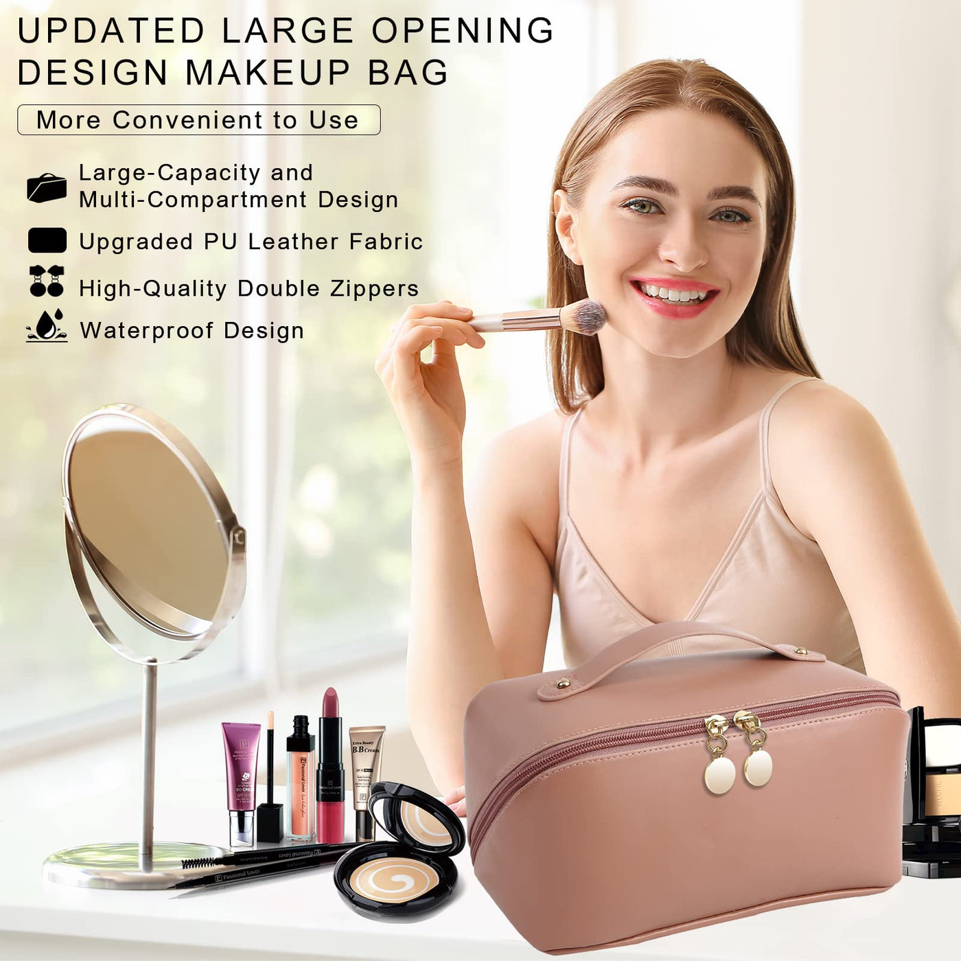 Sac cosmétique de voyage, trousse de beauté en cuir PU, grande trousse de maquillage