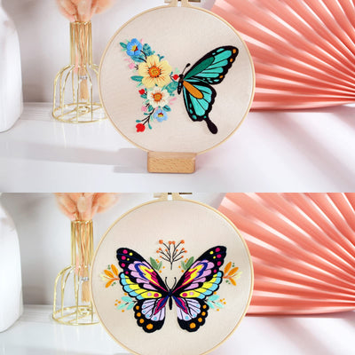 Kit de broderie papillon 3 pièces pour débutants, kits de broderie à la main pour adultes avec cerceau, projet artistique DIY