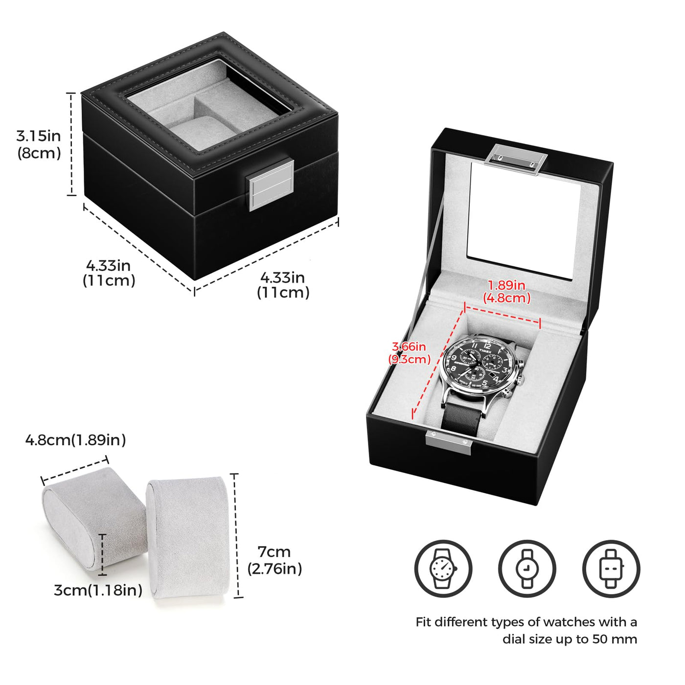 Boîte à montres avec 1 compartiment, boîte à montres avec couvercle en verre, boîte à montres avec coussin pour montres, rangement pour montres