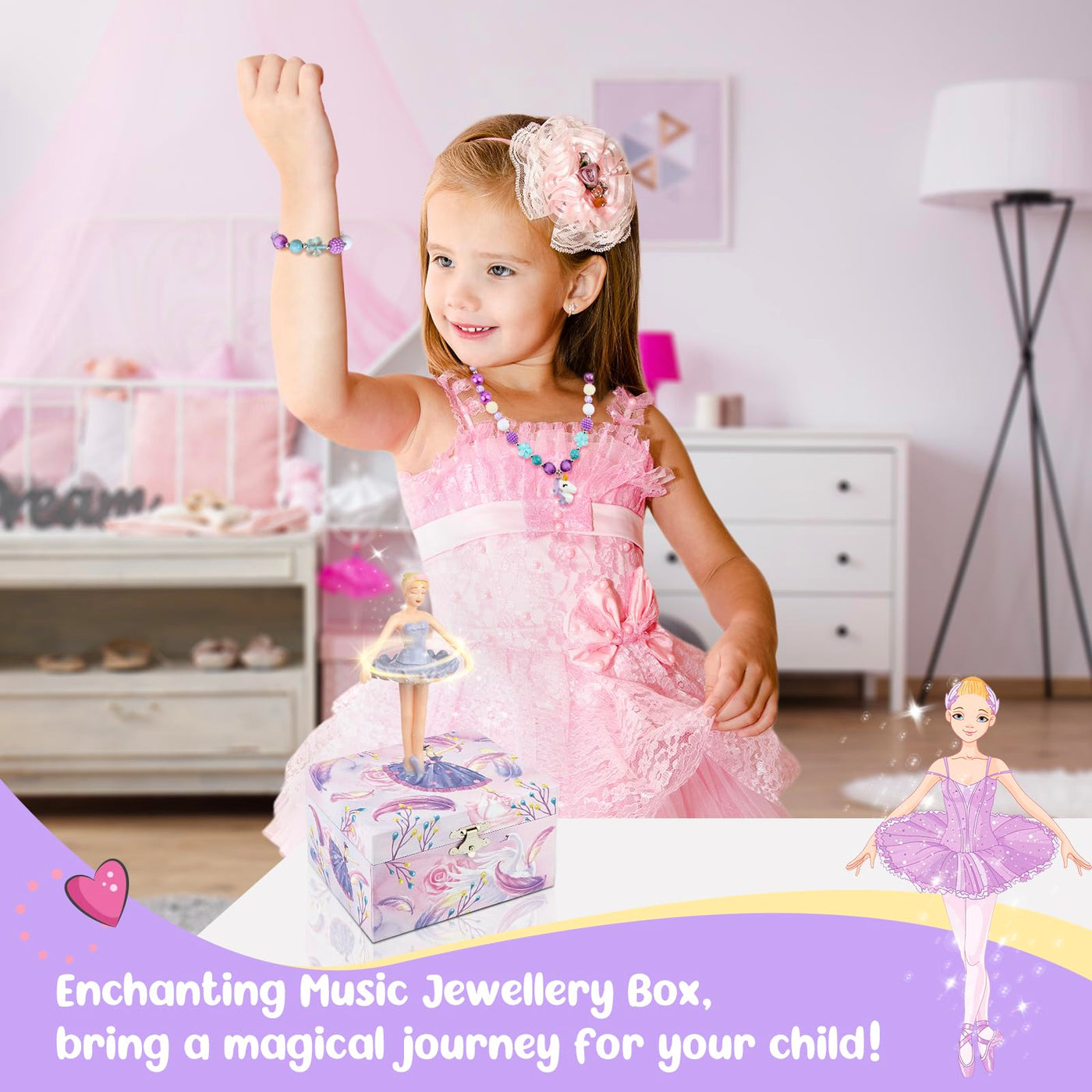 Jewelry box with music, children's jewelry box music box with spinning ballerina