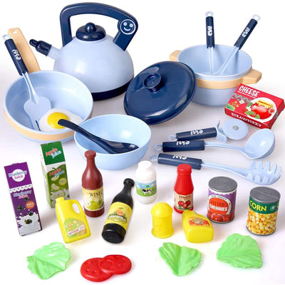 Children's kitchen toy, food toy with pots pans kitchen utensils and food accessories, kitchen role play toy