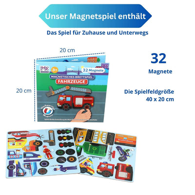 Magnetic game vehicles 32 magnets - motor skills toy to keep you busy while driving - game for on the go with different magnetic puzzles - magnetic book