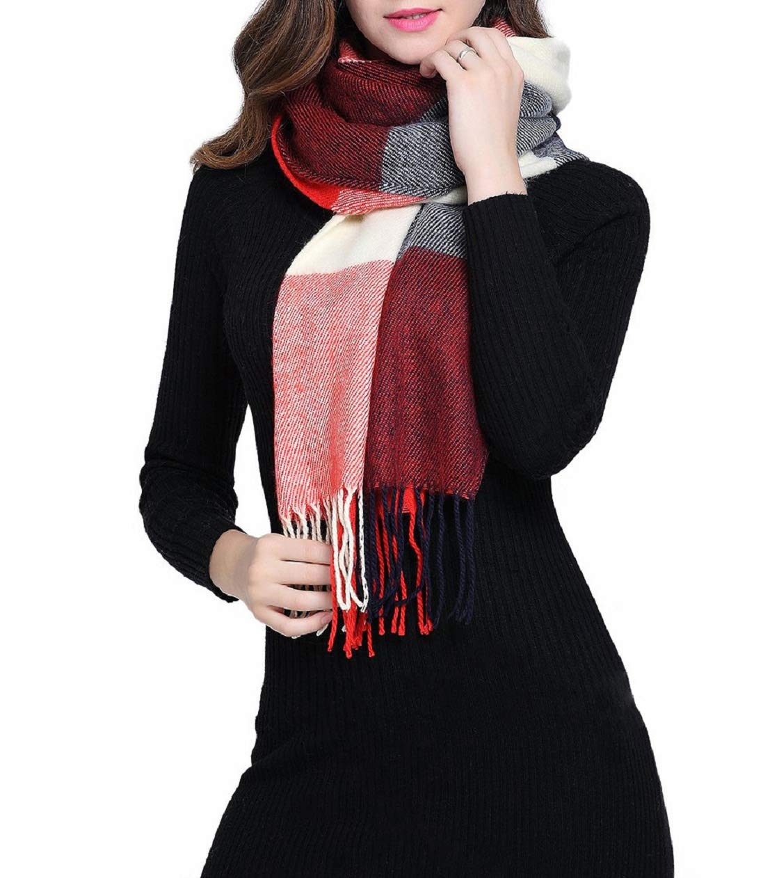 Plaid triangle scarf winter, pashmina scarf soft tassel wrap scarf