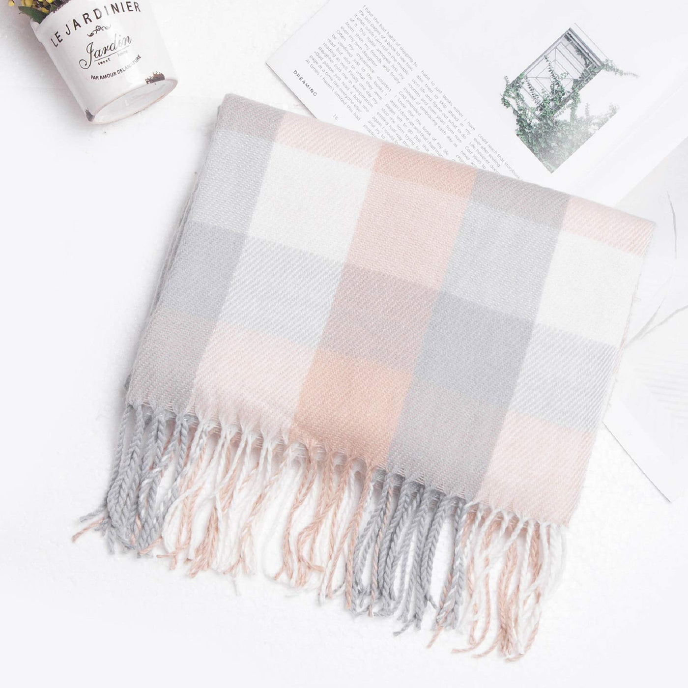 Plaid triangle scarf winter, pashmina scarf soft tassel wrap scarf