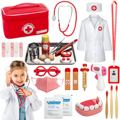 Children's wooden doctor's case, wooden dentist's play set with real stethoscope, thermometer, dentist's case