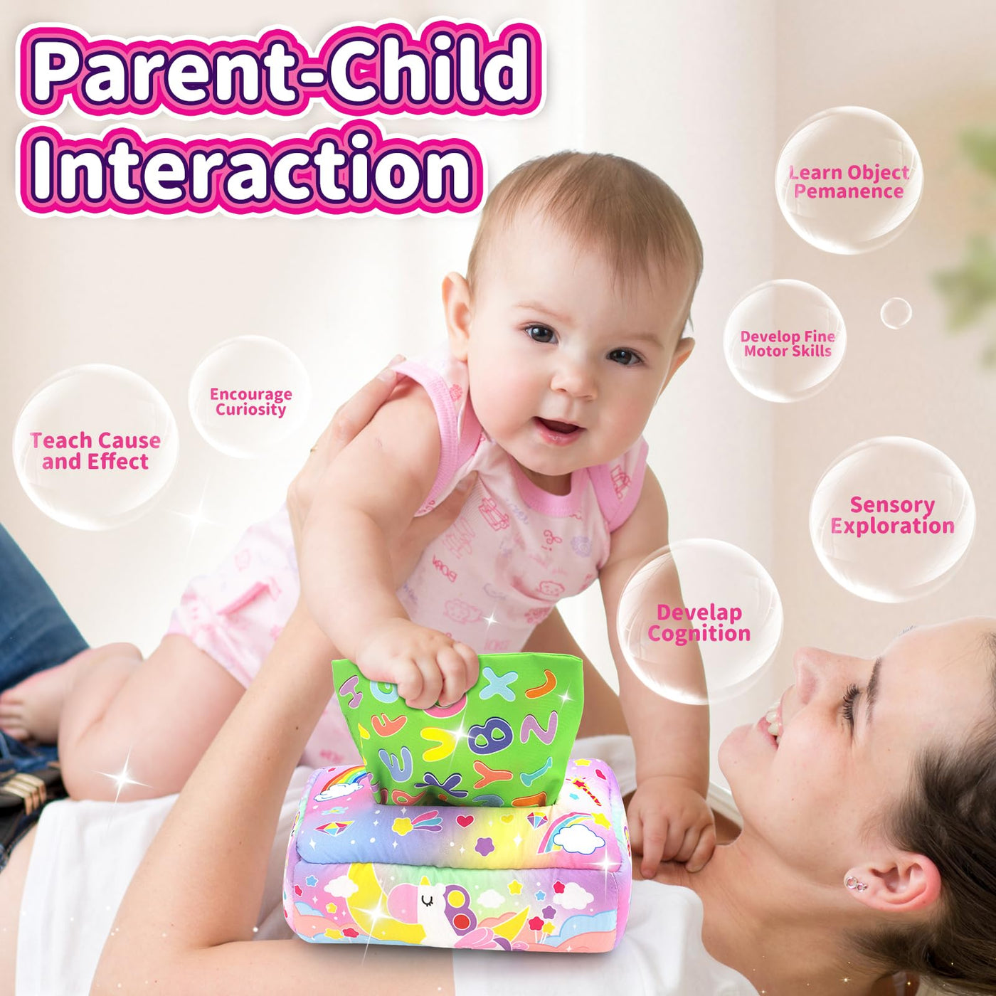 Boîte de mouchoirs en papier avec licorne lettre couleur texture chiffre, jouet d'éveil