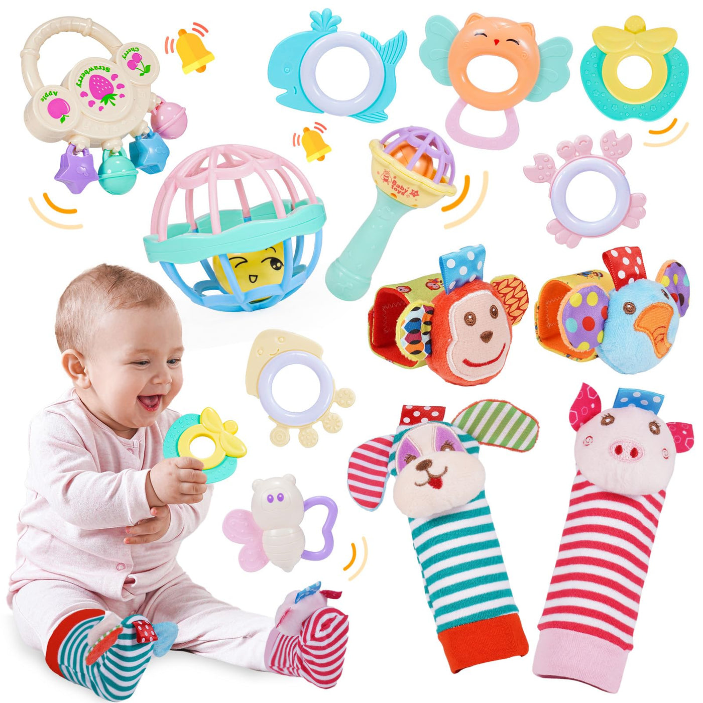 Jouets pour Bébés 14 Pièces Hochets Ensemble de Dentition Jouets pour Bébés