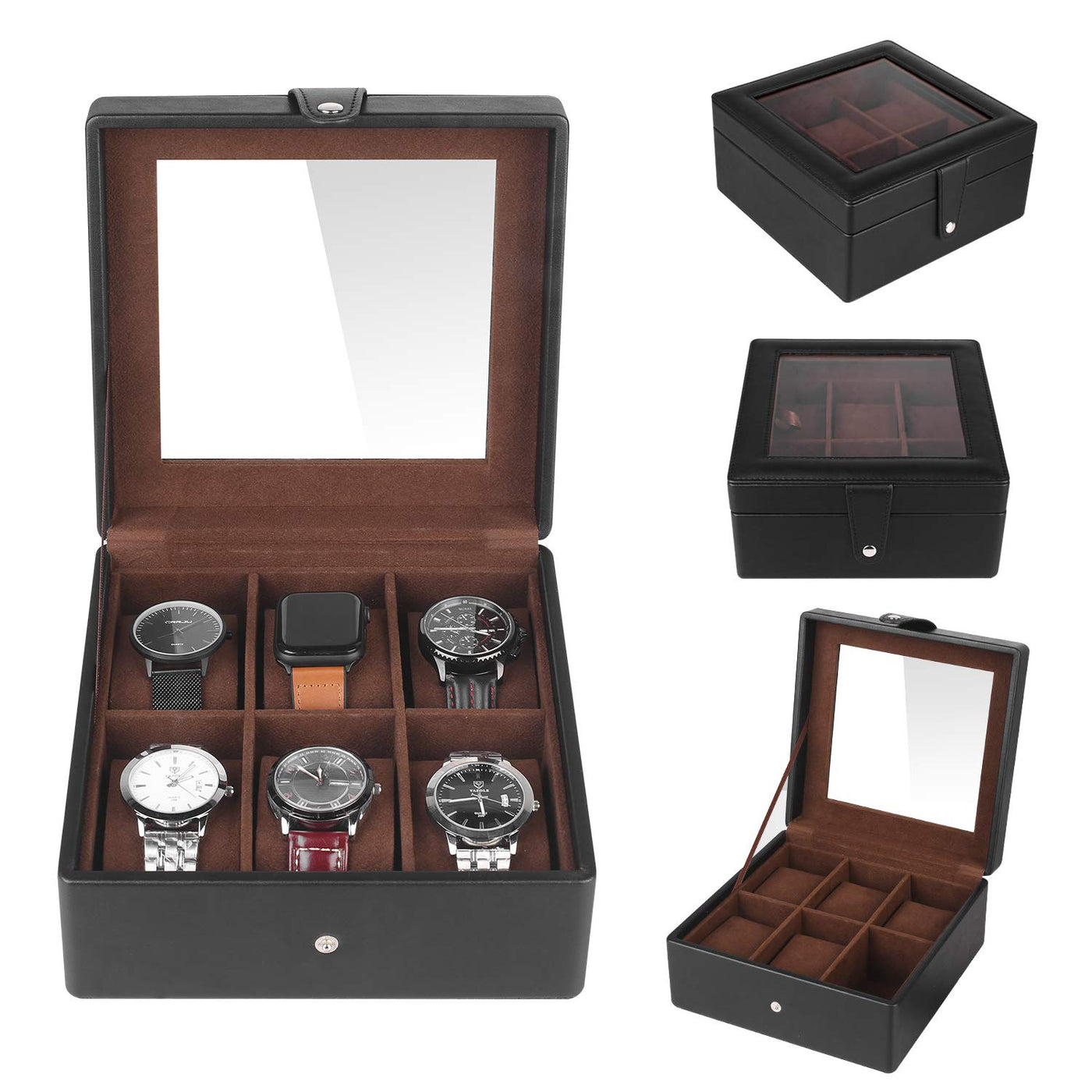 Boîte à montres à 6 compartiments avec couvercle en verre transparent et coussin en velours amovible