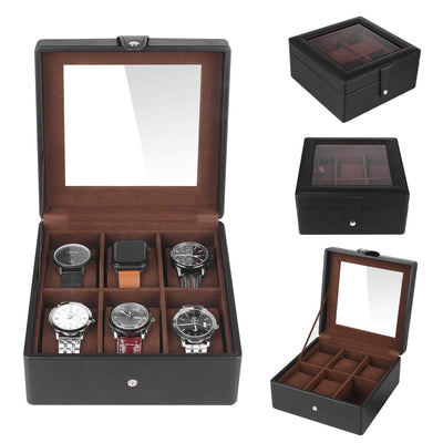 Boîte à montres à 6 compartiments avec couvercle en verre transparent et coussin en velours amovible