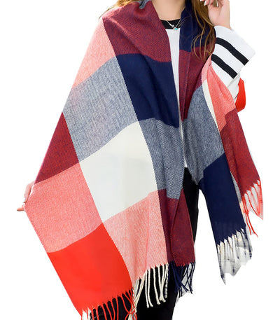 Winter scarf plaid oversized square blanket scarf, fringed poncho