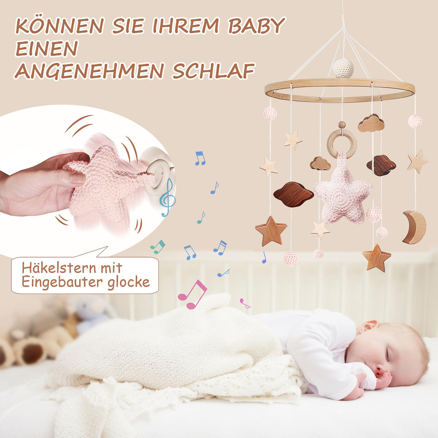 Mobile Babybettchen Bettchen Glocke Windspiel Baby mit Wolken Sterne