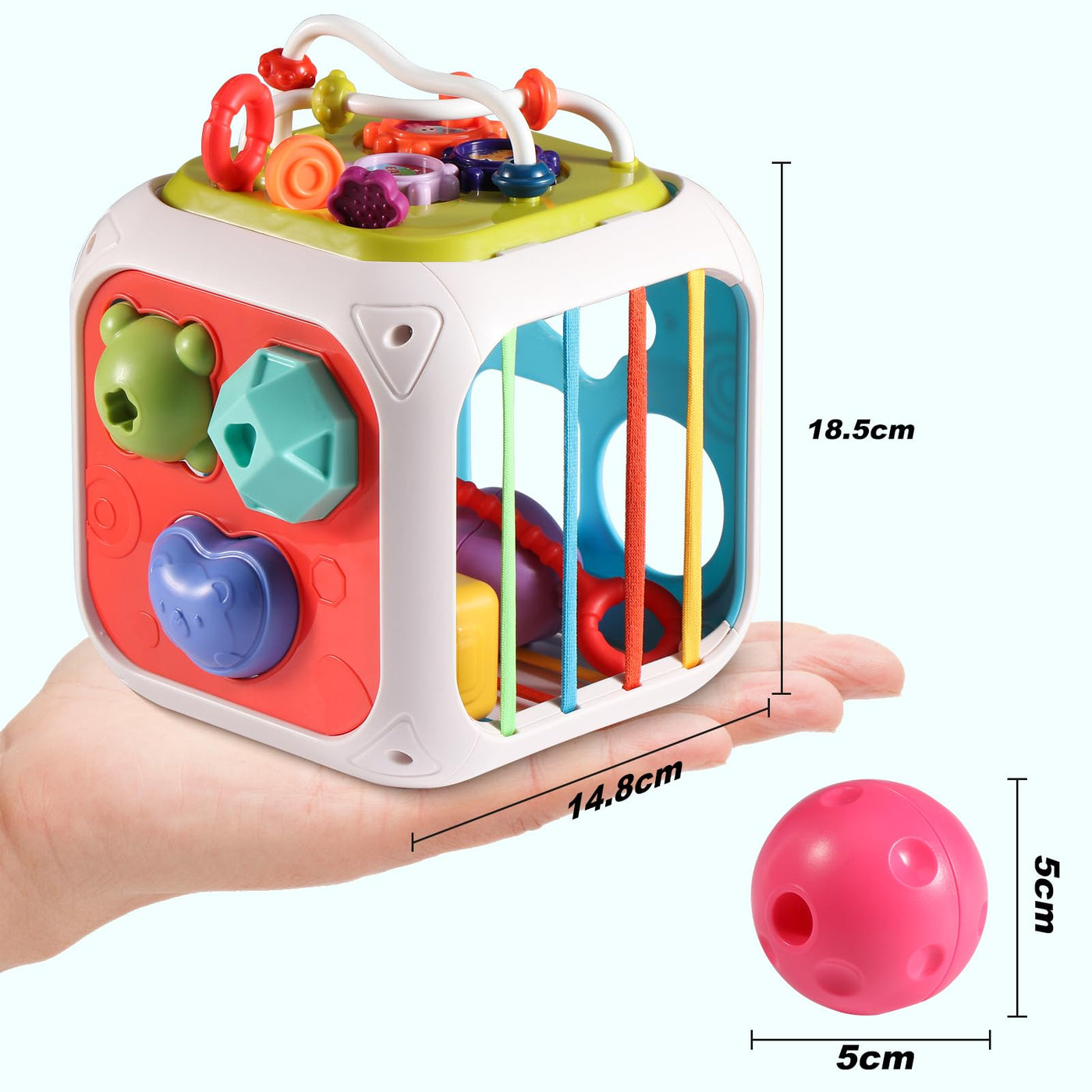 Activity cube 7-in-1 toddlers, motor skills cube sensory toy, baby toy and 6 multi-sensory shapes stacking board