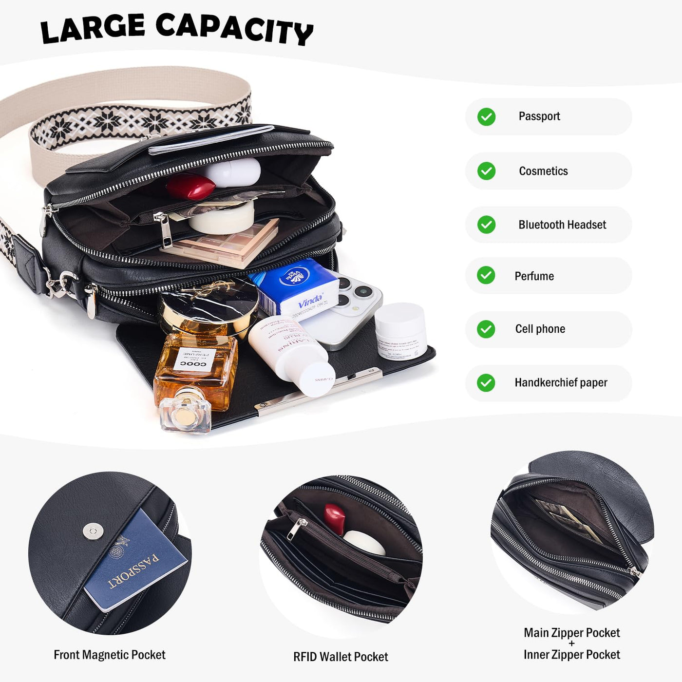 Handy Umhängetasche, Vegan Leder Crossbody Bag Umhängetasche mit verstellbarem abnehmbarem breitem Riemen