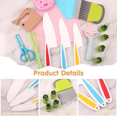 Children's knives, 17-piece children's knife set kitchen knives children, knife cutting set with cutting board, vegetable cutters and peeler