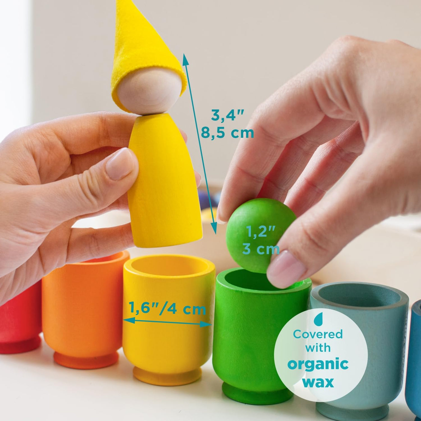 Large rainbow peg dolls and balls in cups Waldorf dolls sensory wooden games for learning colors