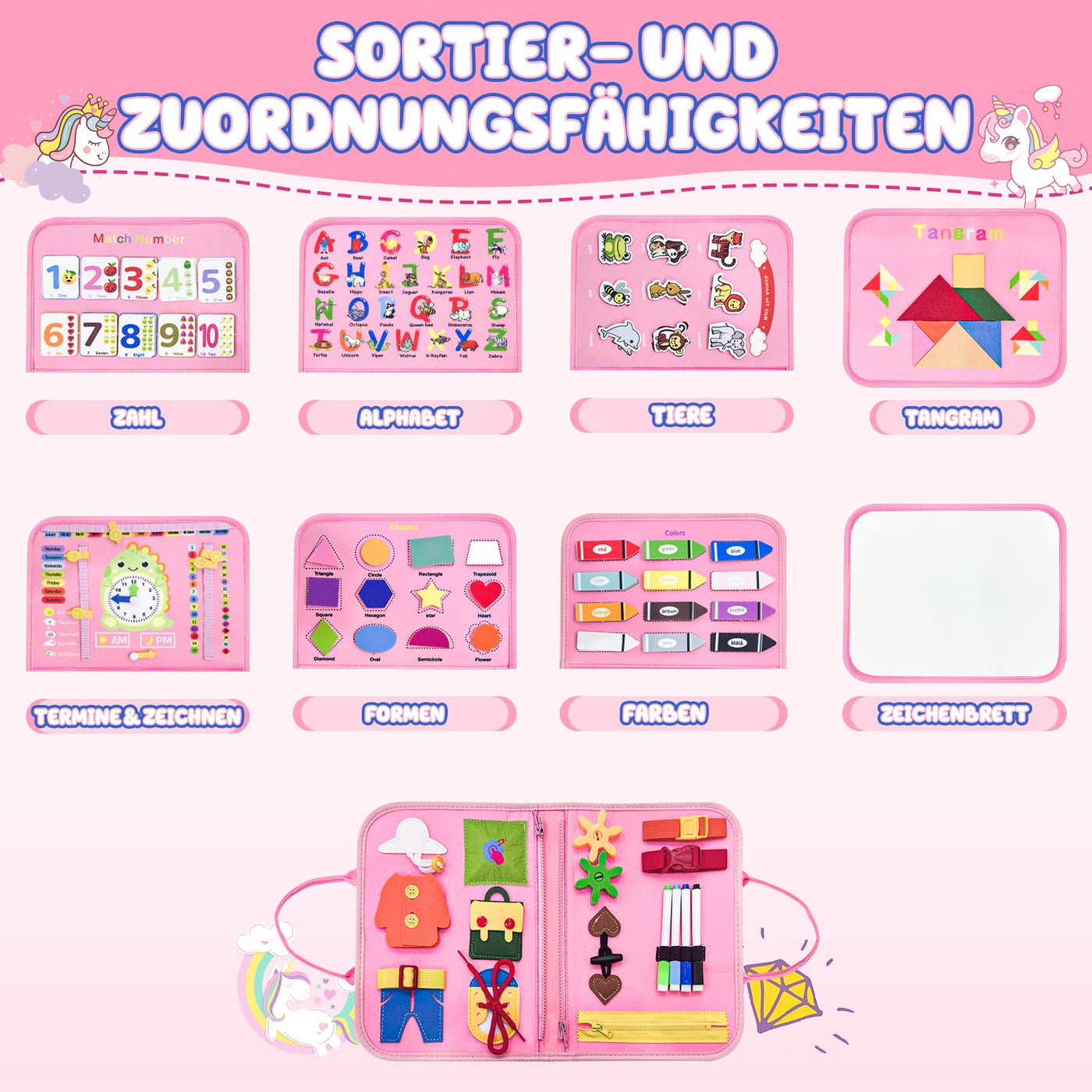 Beschäftigtes Brettmotorspielzeug aus Filz mit Buchstaben, Zahlen, Farben, Formen & Uhr