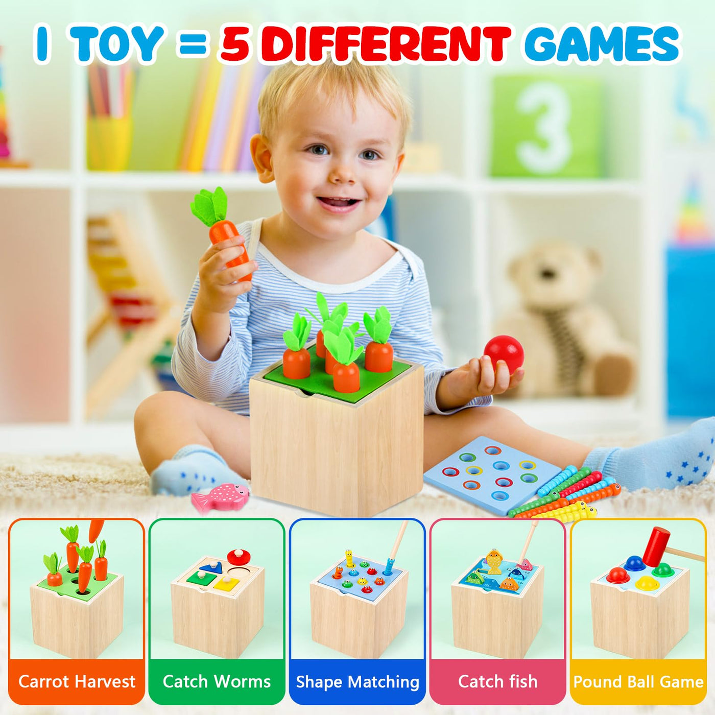 5 in 1 wooden puzzle sorting game educational toy for children Includes carrot harvesting, sorting and stacking toy, fishing game, ball drop, worm toy catching