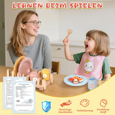Service à Thé Accessoires De Cuisine Pour Enfants En Bois, 30 Pièces Service à Thé Accessoires de Cuisine pour Enfants en Bois avec Petits Gâteaux et Pâtisseries, Service à Thé