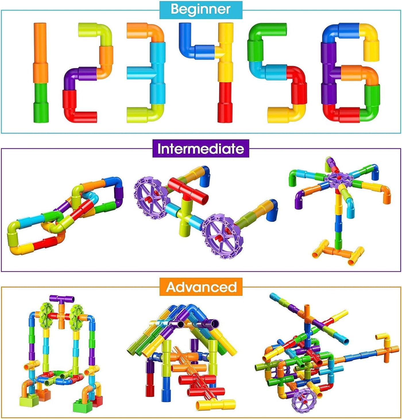 Jouets en tube, 188 pièces Blocs de construction classiques Blocs de construction à assembler avec roues et plaque de base pour enfants