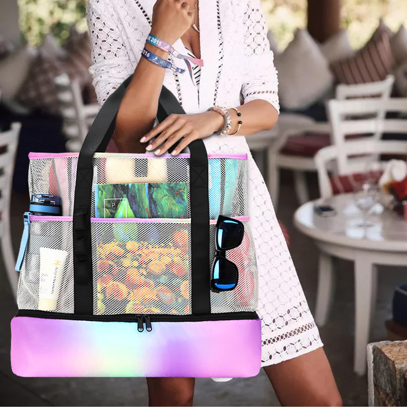 Sac de plage en maille grand pliable avec sac isotherme étanche