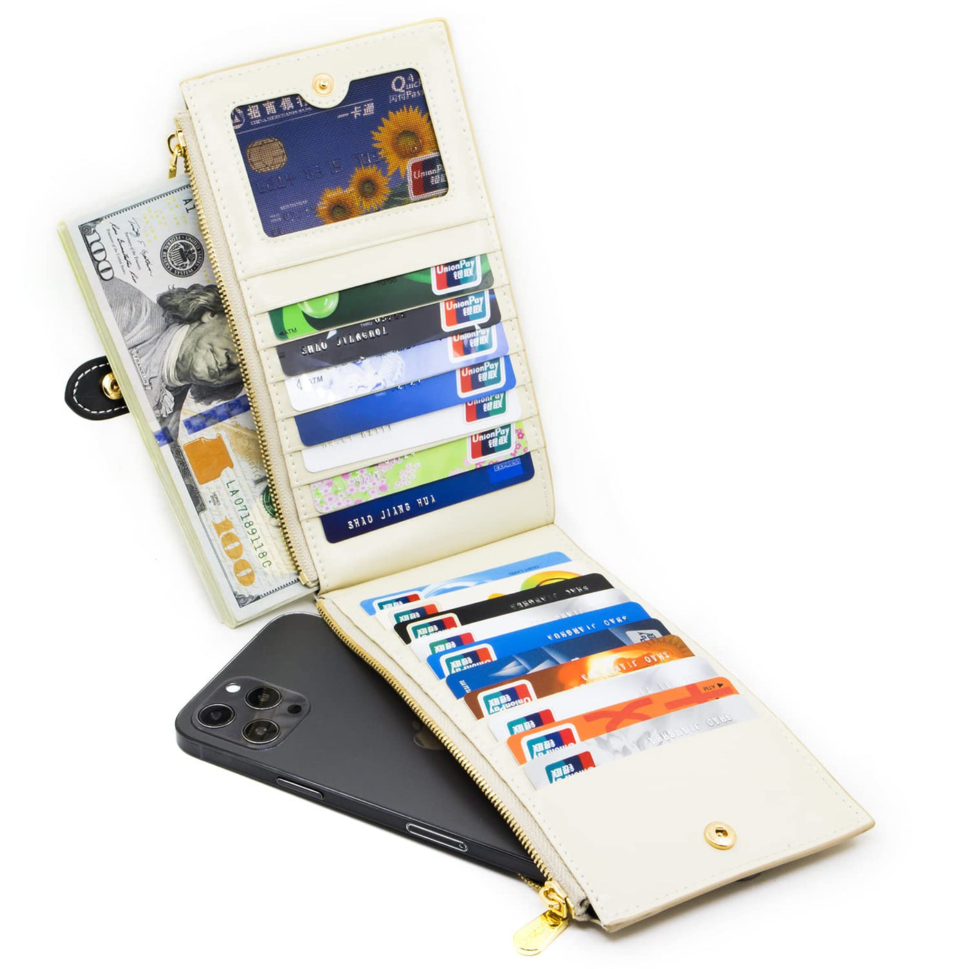 Portefeuille en cuir véritable Porte carte de crédit avec blocage RFID Portefeuille à fermeture éclair Téléphone portable