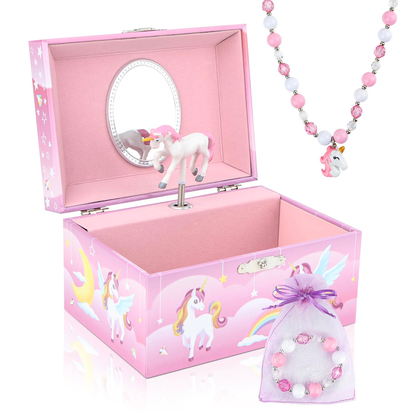 Boîte à bijoux avec boîte à musique avec ensemble de bijoux licorne, boîte à bijoux pour enfants boîte à musique avec ballerine tournante