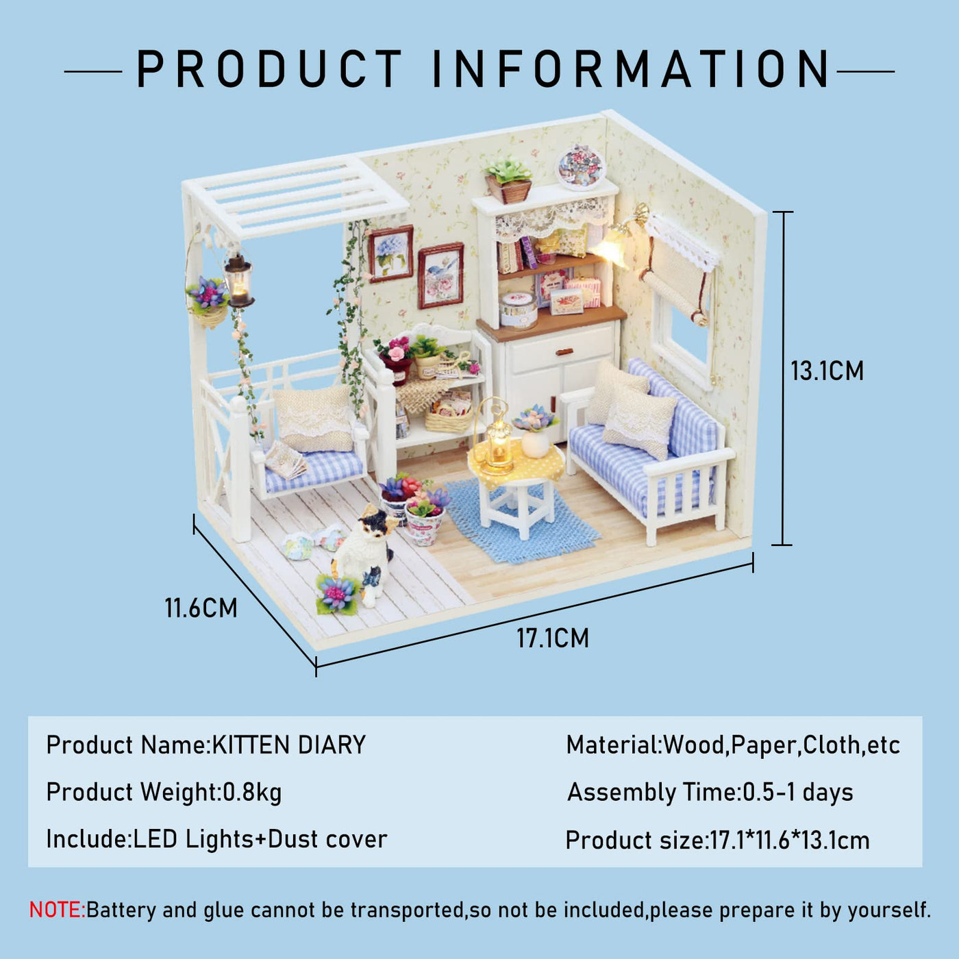 Kit Miniature Fait Main De Maison De Poupée En Bois De Bricolage-Modèle De Salon à LED, Tous Les Meubles.