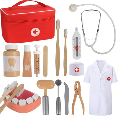 Doctor's case children's wooden play set - With real stethoscope, doctor's coat and doctor's bag in red, perfect for role-playing dentist