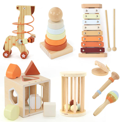 Instruments de musique en bois 8-en-1, y compris blocs de construction à empiler, xylophone et autres jouets