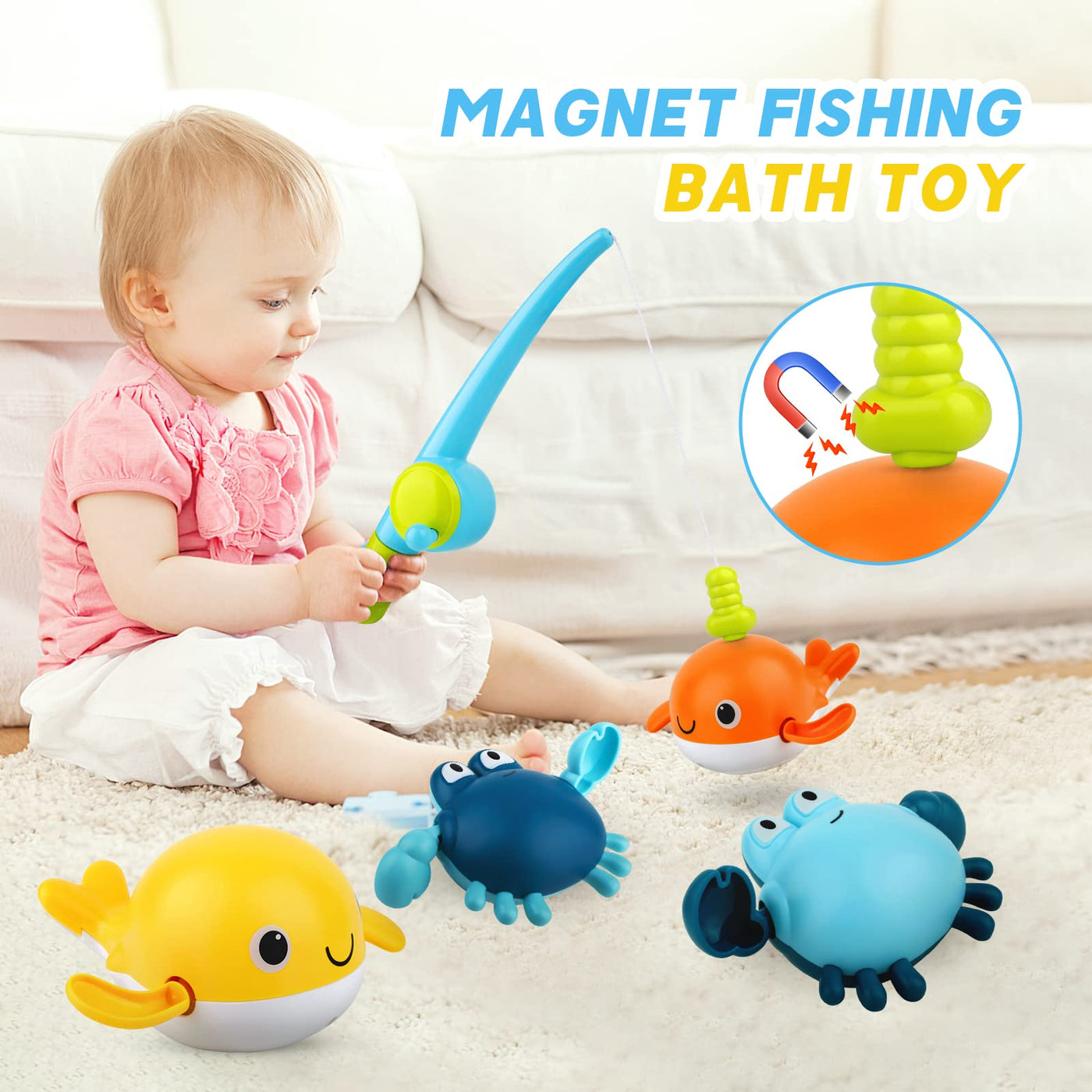 Bath toy, fishing game with 4 pieces of wind-up bath toy, fishing net, floating pool bathtub toy