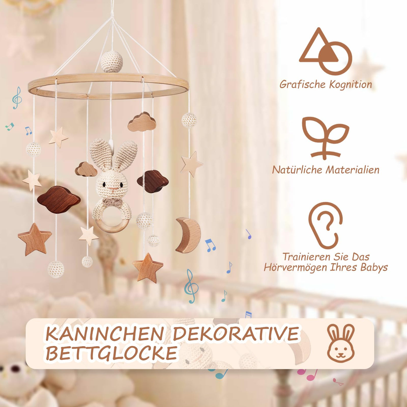 Mobile Babybettchen Bettchen Glocke Windspiel Baby mit Wolken Sterne 